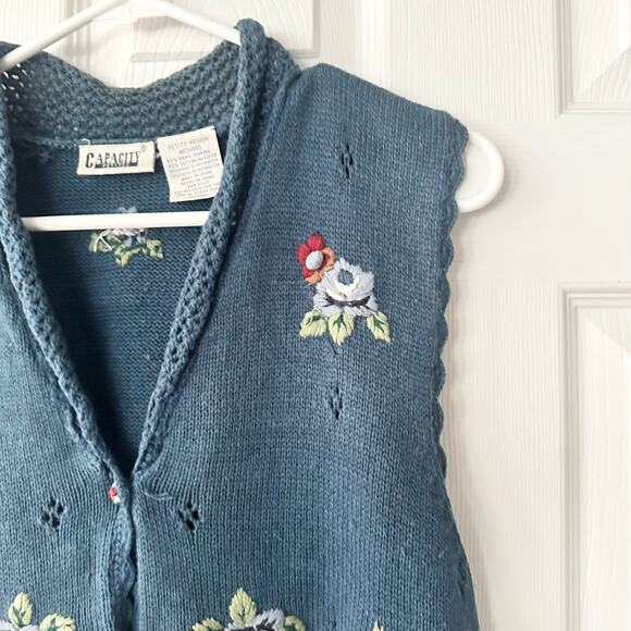 Capacity Petites Vintage 90s Blue Floral Pointelle Knit Button Vest Sweater MP - Picture 4 of 10